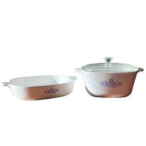 2 Vintage Corning Ware Blue Cornflower Casserole Dishes MCM 1960s-1980s